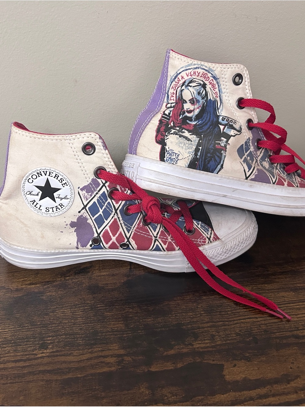 Converse High Top Sneakers - Harley Quinn  - White, Red, Purple, Blue - RARE